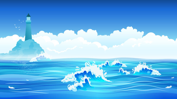 表面碧海浪灯塔天空云彩插图冲浪岛屿海洋