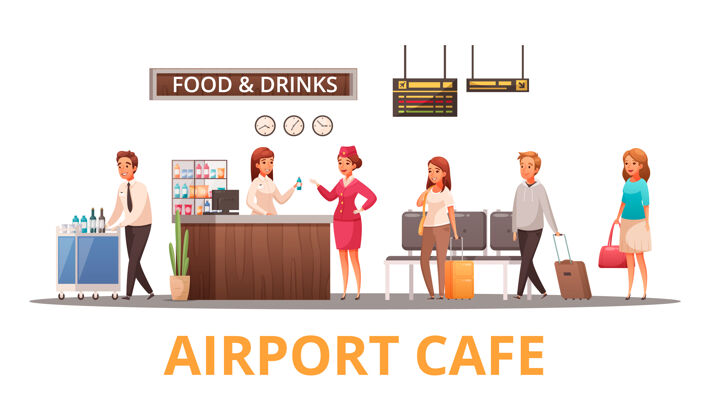 乘客机场工作人员和旅客在咖啡馆卡通机场咖啡馆工作人员