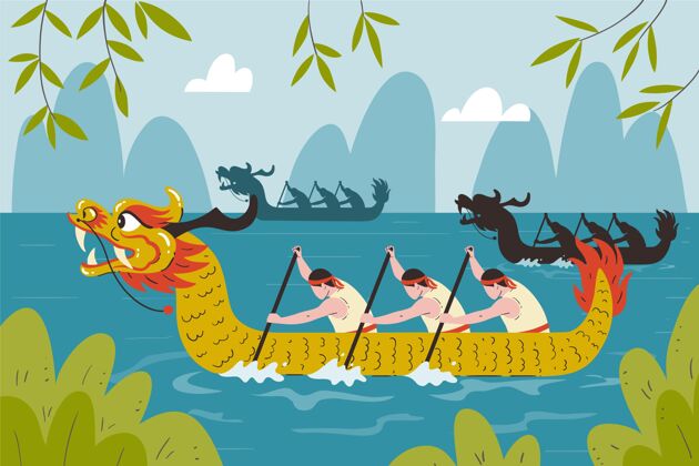 龙舟比赛手绘龙舟背景6月14日传统手绘背景