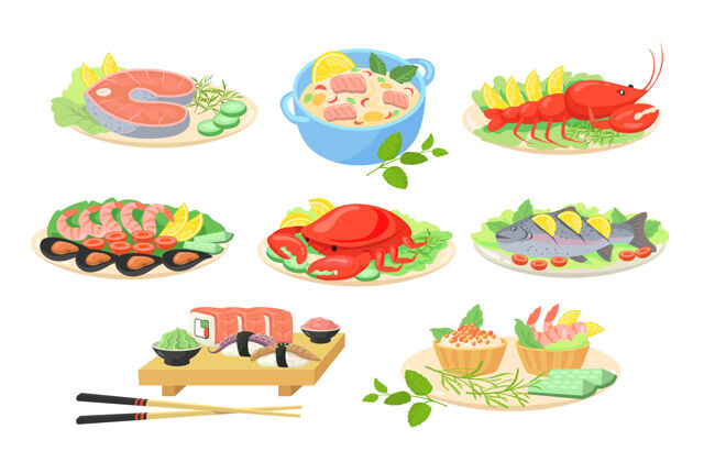 烘焙创意节日海鲜菜肴平面图片集鱼卡通烹饪
