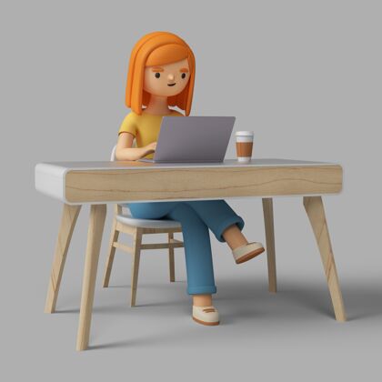 女性3d女性角色用笔记本电脑在办公桌上工作卡通工作女人
