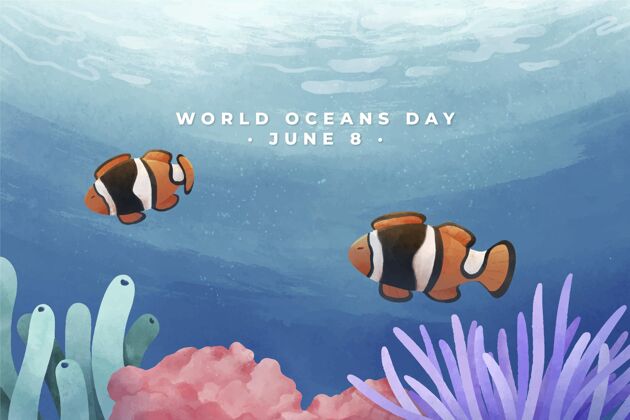 海洋手绘水彩画世界海洋日插画生态系统环境活动