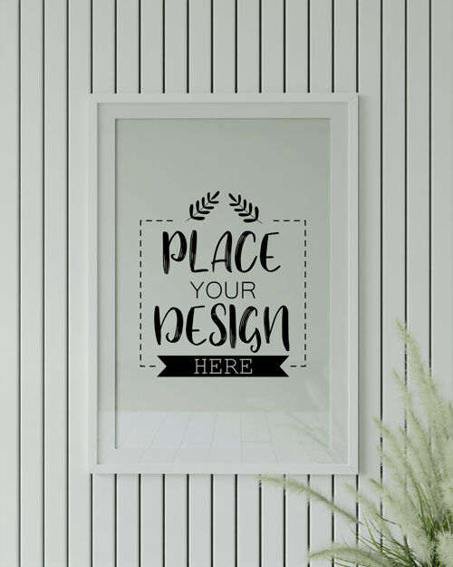 房子海报框架模型在墙上与植物花卉现代室内生活