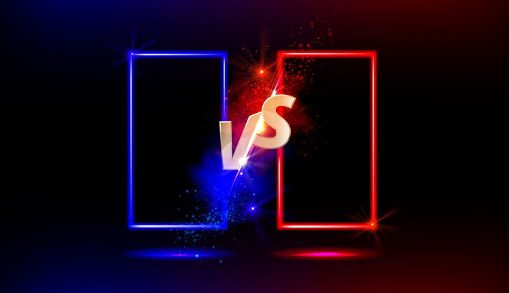 战斗vs金色标志 蓝色和红色的空框或边框 黑色上闪烁火花标志黑色灯光