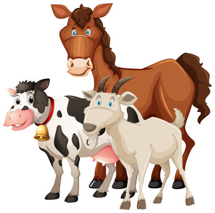 农业一群农场动物马 牛和羊隔离在白色的背景上生活外感情