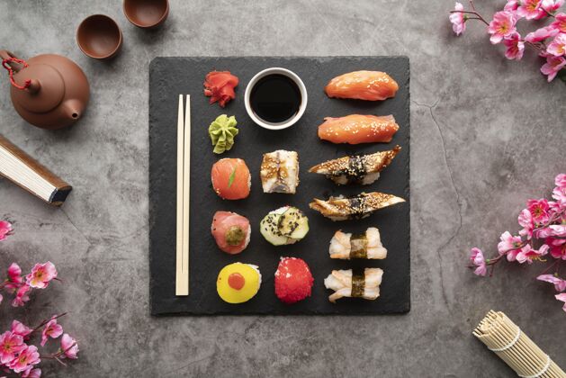 食品平铺寿司套餐美味组成食物