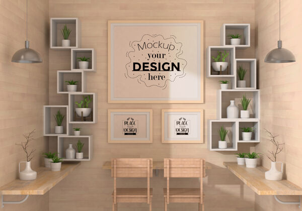 花卉客厅模型中的海报框架桌子锅3d墙