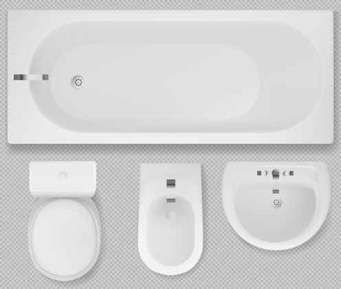座位白色马桶 浴缸水槽和坐浴盆俯视图房间现实浴缸