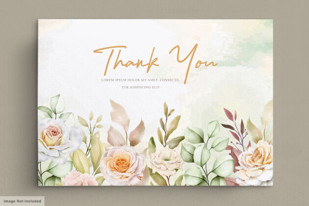 感谢卡浪漫的手绘花卉婚礼感谢卡叶子植物优雅