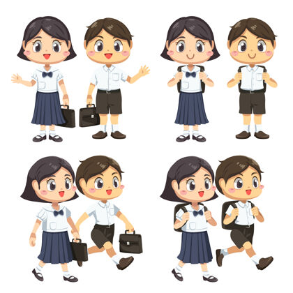 欢乐一套男孩和女孩穿着制服拿着书包的学生集合散步幼儿园