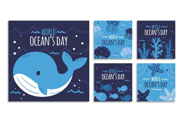 环境手绘世界海洋日instagram帖子集社交媒体发布包装海洋日