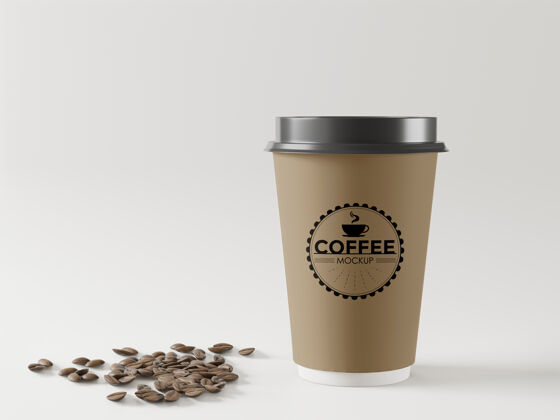 棕色带走咖啡杯模型与咖啡豆空白包装空的