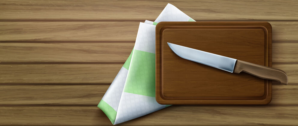 木材木制厨房餐桌上的砧板刀和桌布顶视图用于切割食物的矩形木板的真实三维插图钢刀和折叠桌布烹饪盘子餐巾