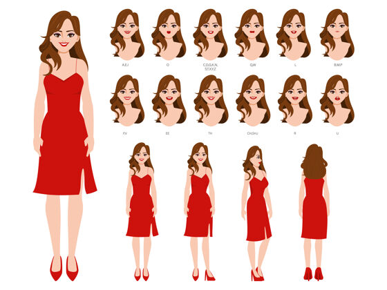 女人一组人脸和姿势的动画角色西装感情女性