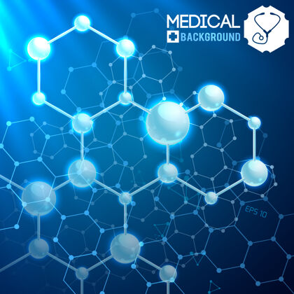 分子医学海报与原始化学原子和分子结构和公式上的蓝色宇宙化学医学结构