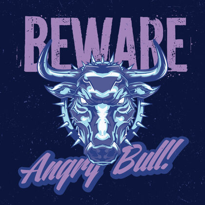 牧场T恤标签设计与愤怒的公牛插图角水牛头