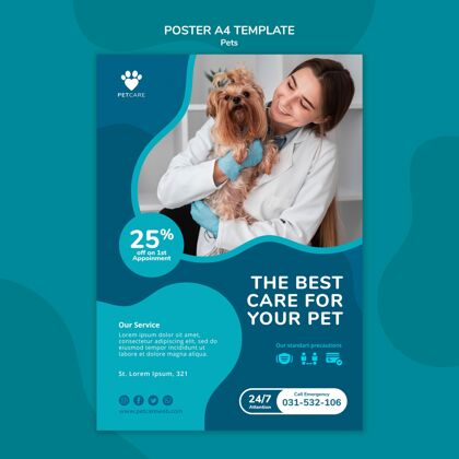 女性海报模板宠物护理与女兽医和约克郡猎犬医生传单模板传单