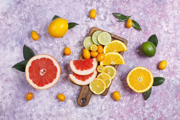 有机各种新鲜柑橘类水果 柠檬 橙子 酸橙 柚子 金橘素食成熟成分