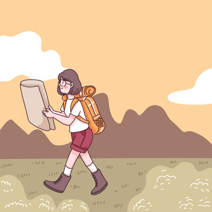 旅行者抽象的年轻女子背着背包和地图在森林里的草地上散步 在露营时的卡通人物 平面插图冒险森林度假