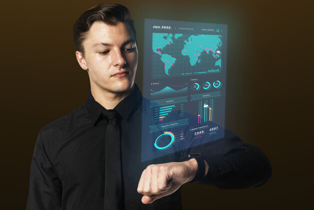 数字设备商人使用智能手表全息图演示可穿戴小工具地球仪创新网络