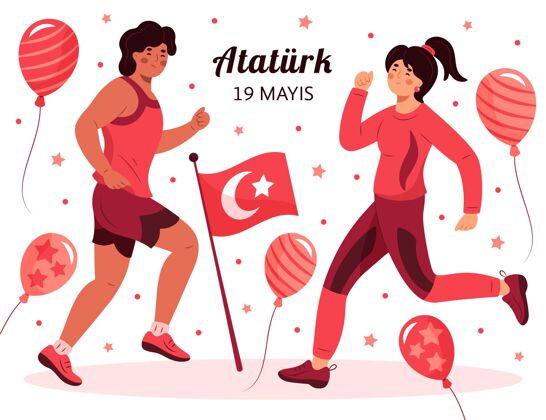 手绘手绘纪念阿塔图尔克 青年和体育日插图土耳其阿塔图尔克土耳其国旗