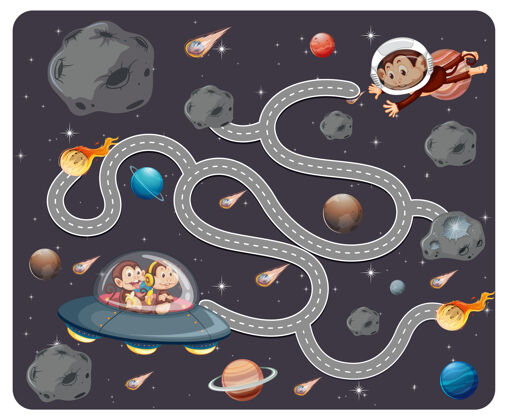 道路可爱的卡通迷宫游戏模板空间宇航员出口