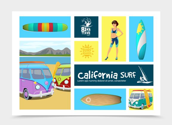 冲浪板卡通冲浪元素与丰富多彩的冲浪板冲浪女孩冲浪车组成的自然景观插图自然卡通元素