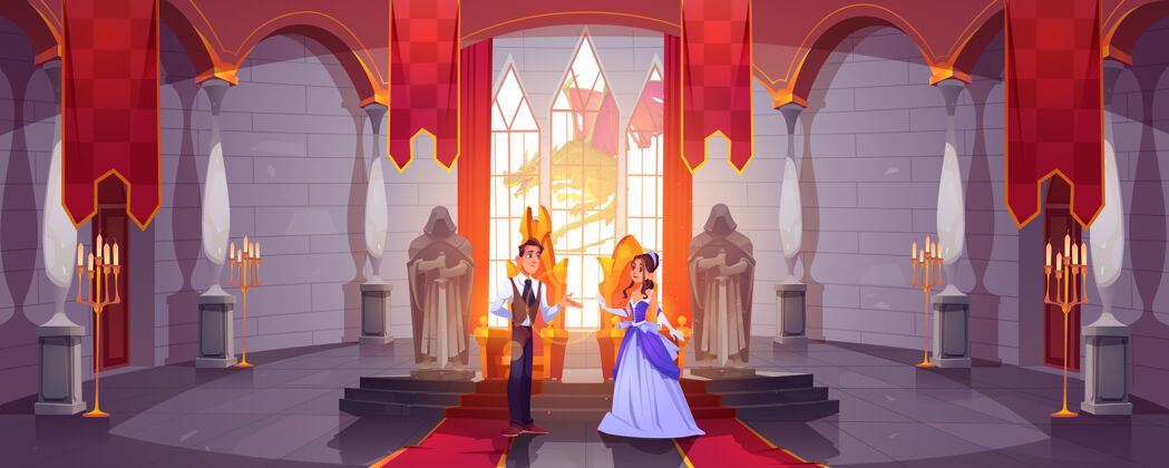 室内王子和公主在城堡大厅的王座室中世纪窗帘柱子
