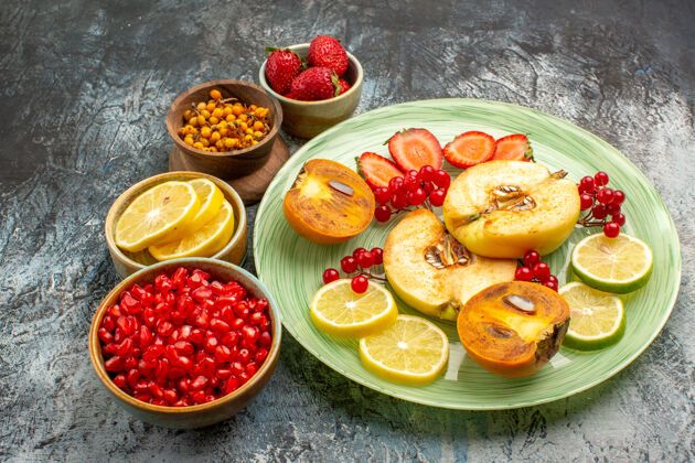 午餐正面图新鲜水果 木瓜 柠檬和其他水果 浅色水果 颜色新鲜饮食蔬菜清淡