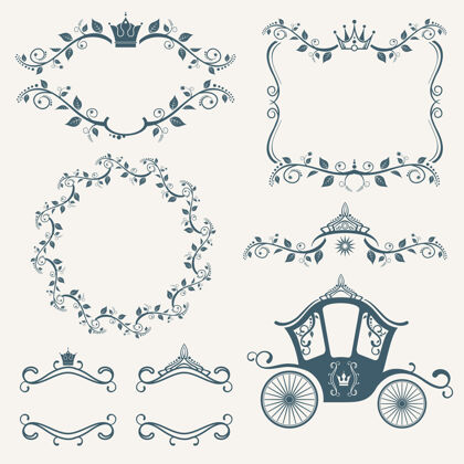 元素复古皇室框架与皇冠 王冠和马车设置图案设置皇冠