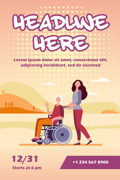 老年人年轻女子推着轮椅和老年男子传单模板疾病人物流动性