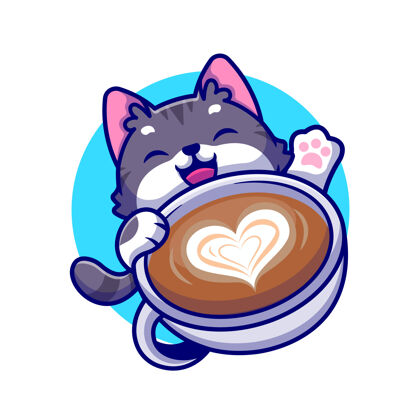 热可爱的咖啡杯卡通图标插图猫年轻自然心