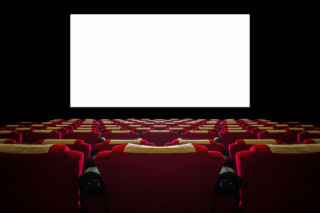 舒适有红色座位和白色大屏幕的电影院投影仪剧院空的