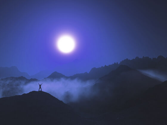 登山者在日落的天空下 一个低云的山景上的男性人物的3d渲染风景成功渲染