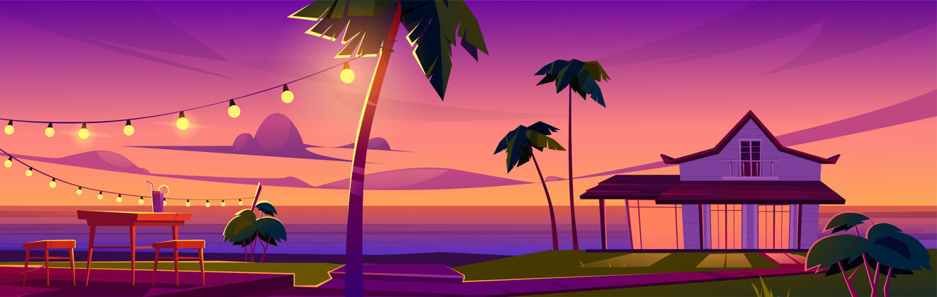 椅子夏季热带景观 海边有平房 日落时露台上有桌椅海洋岛天堂