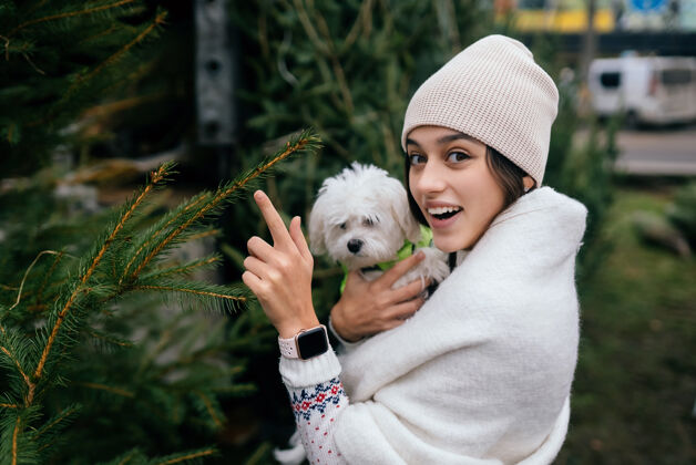 约克郡一个抱着一只白色狗的女人在一棵绿色的圣诞树旁梗狗一起