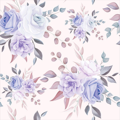 分支浪漫的花朵无缝图案搭配紫色花朵装饰壁纸紫色的花玫瑰