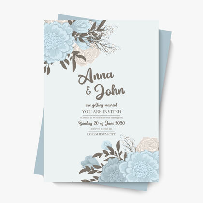 浅蓝色花卉婚礼模板-浅蓝色花卉框架玫瑰卡片保存日期