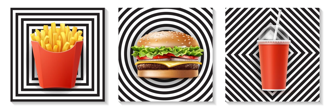 现实单色方形圆圈和钻石插图上的苏打薯条汉堡的现实快餐概念苏打水薯条概念