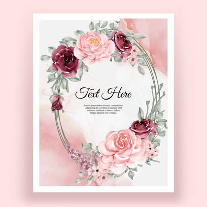 优雅优雅的勃艮第和粉红色玫瑰花叶花环复古花卉模板