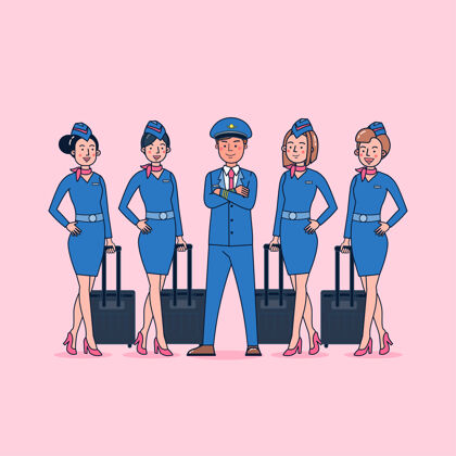 工人人物集飞行员空姐大套孤立平面插图穿专业制服 卡通风格多人企业全球