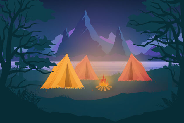 场景夜间户外自然探险露营插图卡通平面旅游营地与野餐地点和帐篷之间的森林 山区景观绿色冒险卡通