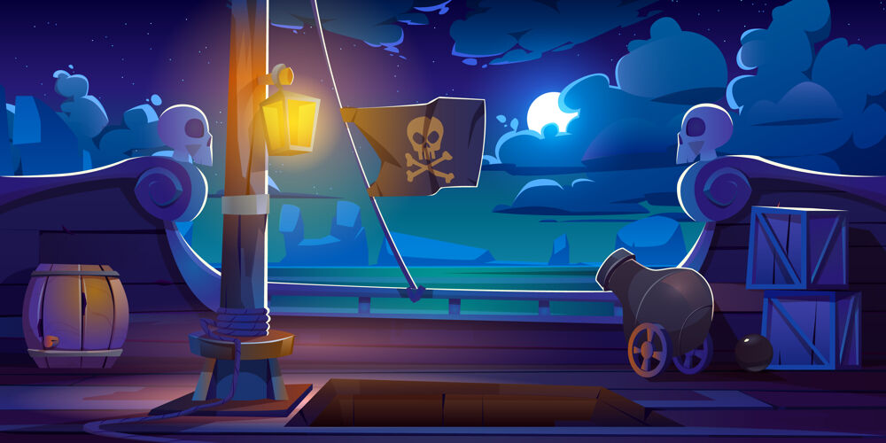 帆船海盗船甲板船上夜景 木船加农炮 发光灯 木桶 举行入口 桅杆与绳索和快乐罗杰旗 卡通大炮绳索卡通