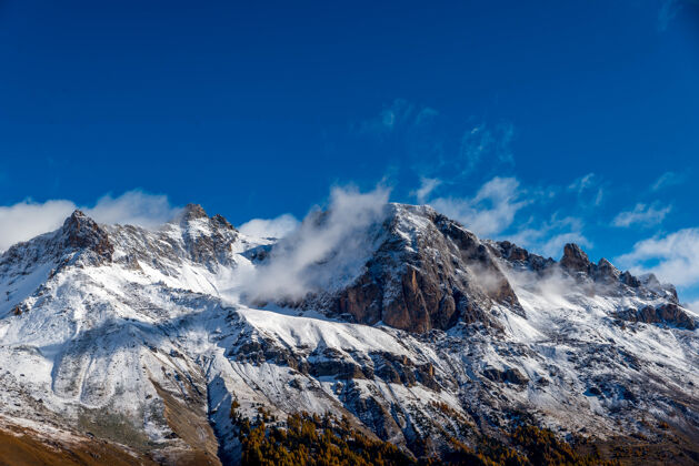 公园蓝天映衬下的喜马拉雅雪山景观岩石树