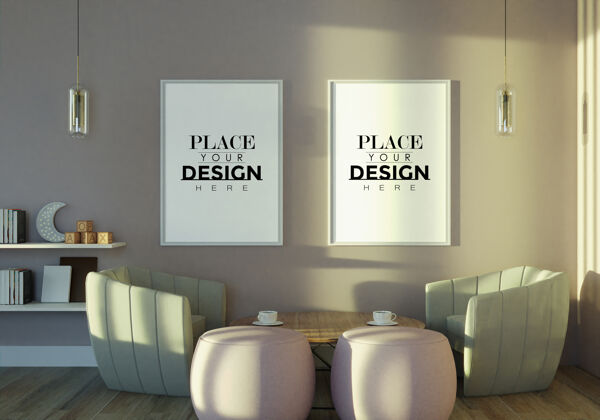 框架客厅模型中的海报框架装饰生活房间