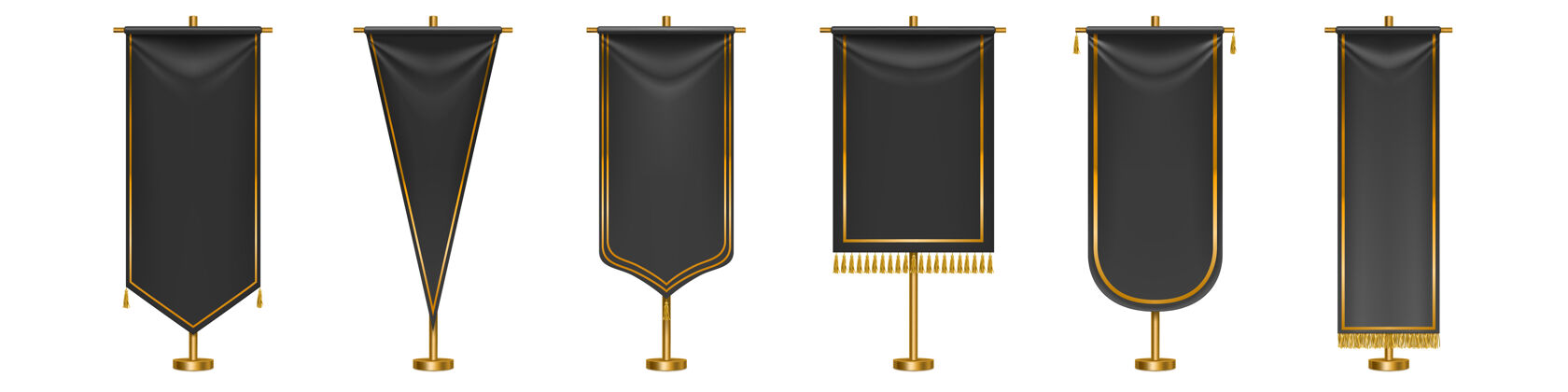 支柱黑色长旗子 金色流苏边 边缘孤立黑色纺织旗子 金色柱子上有不同形状旗帜模板空