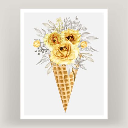 冰冰锥与水彩花玫瑰金黄色冰淇淋图案素描