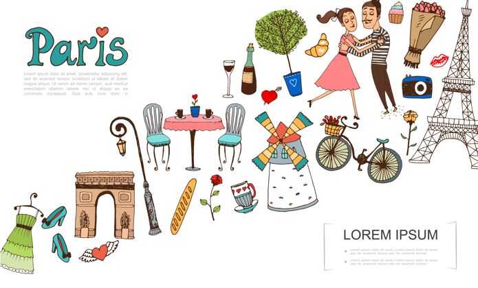 美食素描巴黎元素与情侣爱情插画插图巴黎法国