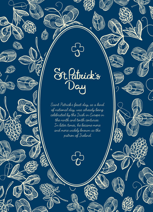 植物快乐圣帕特里克日蓝色海报与文本在椭圆形框架和自然素描爱尔兰三叶草节日手植物