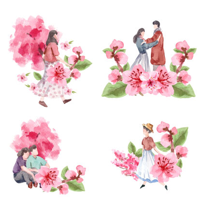 樱花花束与樱花概念设计水彩插画亚洲日本花卉